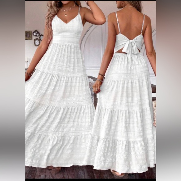 Boho white textured cutout tie back spaghetti straps maxi dress - Picture 1 of 7